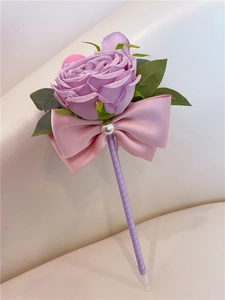 Creative purple rose simulation flower pen with pink satin bow and pearl detail decoration