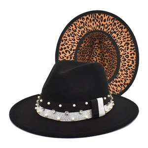 Fedora Hat Woolen Felt Wide Brim Leopard Print Underside Artificial Pearl Rhinestone Band Elegant Vintage Jazz Cap Trendy Unisex