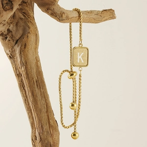 Adjustable 18K gold-plated titanium steel chain bracelet with hollow square letter K pendant