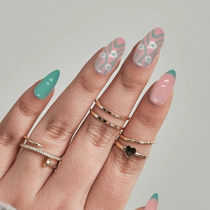 Press On Nails Almond Shape Plastic Mint Green French Tips White Flower Pattern Summer Fresh Style For Women