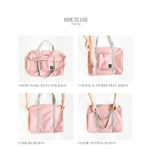 Step-by-step instructions showing how to fold the pink travel luggage organizer bag
