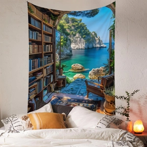 Detail of bohemian tapestry featuring a sea view balcony and bookshelf over a cozy bed