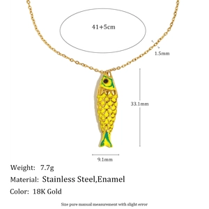 18K gold plated stainless steel fish pendant necklace with green and yellow enamel details