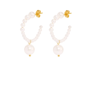 Elegant 18K gold plated titanium C-shaped hoop earrings with dangling white pearls
