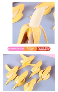 Detail showing hand peeling the yellow squishy banana toy with realistic texture