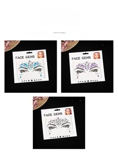 Self-adhesive face gems in blue, purple, and silver with stylish packaging for music festivals