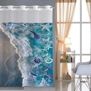 Ocean Marine Pattern Waterproof Polyester Waffle Shower Curtain Hook Free Detachable Liner Magnet Bottom Mesh Top Window