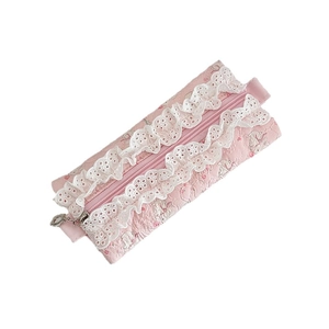 Pink quilted pencil case with elegant white lace borders and floral rabbit embossing
