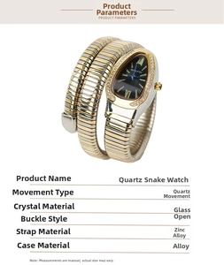 Detailed view of snake-shaped quartz watch featuring a black dial with Roman numerals
