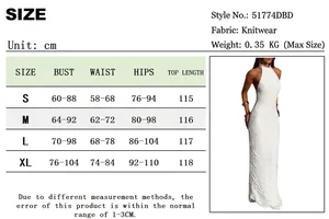 Size chart for halter backless stretch dress in cm and inches for sizes S to XL