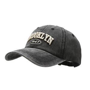 Washed dark grey baseball cap featuring Brooklyn 1947 3D embroidery and vintage finish
