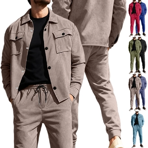 Men's two-piece faux suede casual tracksuit set with lapel jacket and drawstring pants