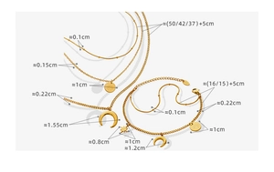 Detailed size chart for gold celestial necklace and bracelet set with moon and star pendants