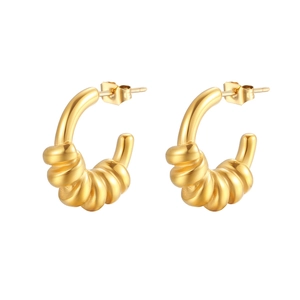 Elegant gold-tone spiral twisted C-shape hoop earrings in minimalist titanium steel style