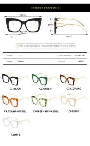 Detailed size chart for anti-blue light cat-eye glasses with PC and metal frame specs