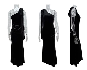 Présentation trois vues d'une robe maxi en velours noir à épaule dénudée sur mannequin