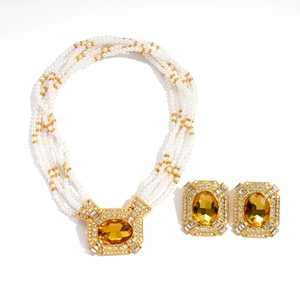 Elegant multi-layer pearl necklace and earring set with amber rectangular gemstone