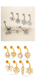 Detailed set of stainless steel belly rings with zircon inlays and diverse charms