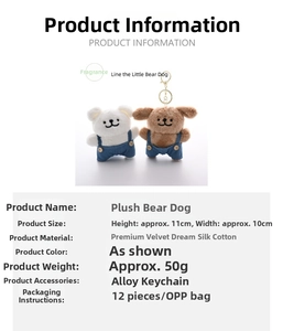 Close-up of plush puppy and bear pendants in denim overalls with alloy keychains