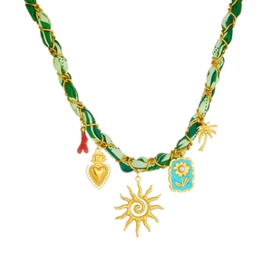 Gold chain necklace with floral print ribbon and colorful sun charms on white background