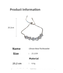 Detailed dimensions of silver bow-tie zircon bracelet with adjustable closure