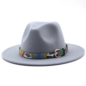 Detail of light grey wool fedora hat featuring a colorful snakeskin band and gold buckle