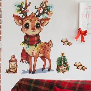 Christmas wall stickers with cartoon reindeer, trees and lanterns for living room decor