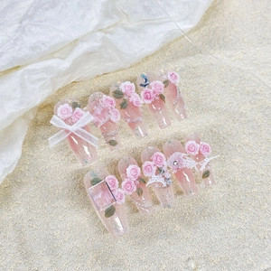 Handmade 3D Rose Flower Press On Nails Pink Gradient Long Coffin Fake Nails With Pearls Rhinestone Lace Bow Decorative Nails