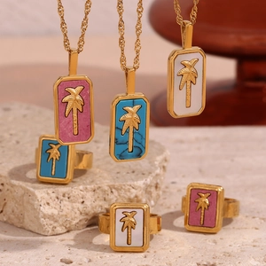 Tropical Jewelry Set Stainless Steel Gold Plated Palm Tree Rectangle Pendant Necklace And Ring Summer Beach Accessories Women