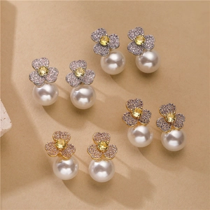 Floral Artificial Pearl Earrings Copper Cubic Zirconia Micro Pave Flower Studs Elegant Jewelry Accessory For Women Lady