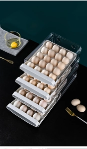 Detail of 4-tier stackable transparent drawer egg organizer with high capacity