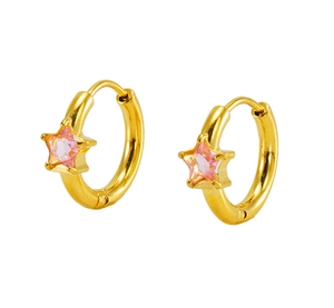 Close-up of gold stainless steel hoop earrings featuring pink star-shaped zircon stones