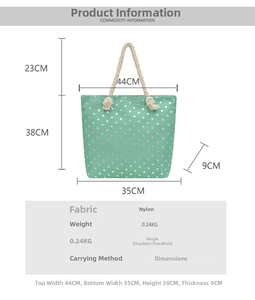Detailed dimension chart and specifications for the floral linen-style nylon tote bag