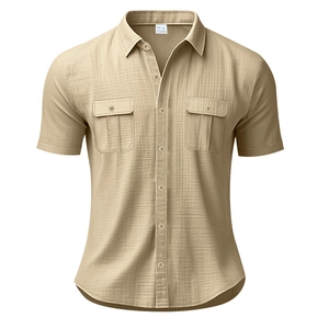 Detail shot of khaki men's shirt showing 30% linen fabric texture and XL size label