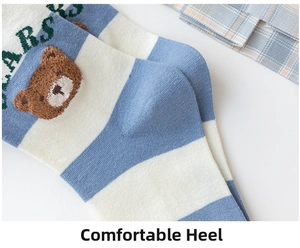 Detail of blue striped cotton socks featuring cute bear embroidery and comfortable heel