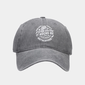 Front view of charcoal washed cotton baseball cap with white motherhood rock print