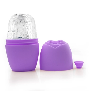 Detailed view of purple silicone face ice roller with rose pattern lid and funnel
