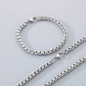 Men's hip-hop 5mm square grid pearl necklace and bracelet set in polished stainless steel