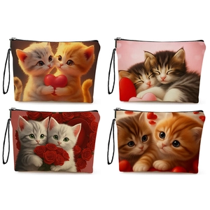 Sac Cosmétique À Fermeture Éclair Texture Lin Chat Dessin Animé Mignon Imprimé Cœur Pochette De Rangement Voyage