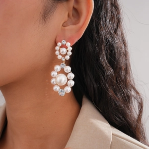Retro Elegant Round Cluster Drop Earrings With Imitation Artificial Pearl Cubic Zirconia And Silver Earring Post For Women