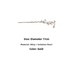 Detailed view of vintage gold plum blossom hair stick with pearls and diamond accents