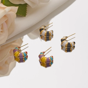 Vintage Stainless Steel Enamel Bamboo Segment Stud Earrings For Women Retro Gold Plated C-Shape Stripe Earrings Jewelry