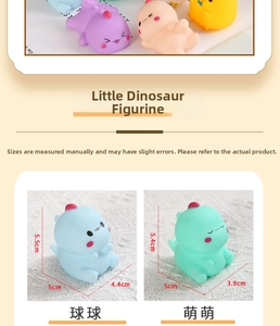 Close-up of mini cartoon vinyl dinosaurs with size dimensions and cute facial details