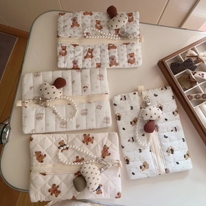 Quilted cotton handheld cosmetic bag set with bear patterns and pearl straps