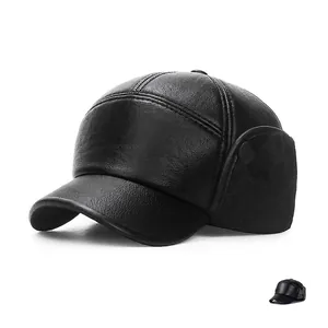 Men Winter Baseball Cap PU Leather Warm Windproof With Ear Flaps Faux Fur Lined Cold Weather Outdoor Casual