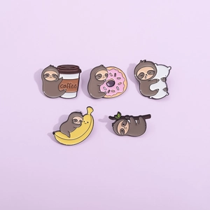 Set of five cute cartoon sloth enamel pins in various playful poses for accessories