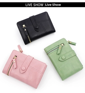 Three-fold PU leather wallets in black, pink, and green with zipper and cross stitching