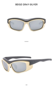 Detail view of beige Y2K sports sunglasses with gray-silver lenses from front and side