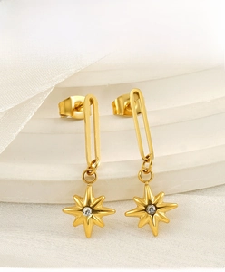 Detail view of 18k gold plated starburst earrings with zircon stone inlay