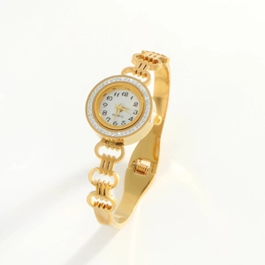 Elegant gold stainless steel watch with zircon dial and hollow link bracelet